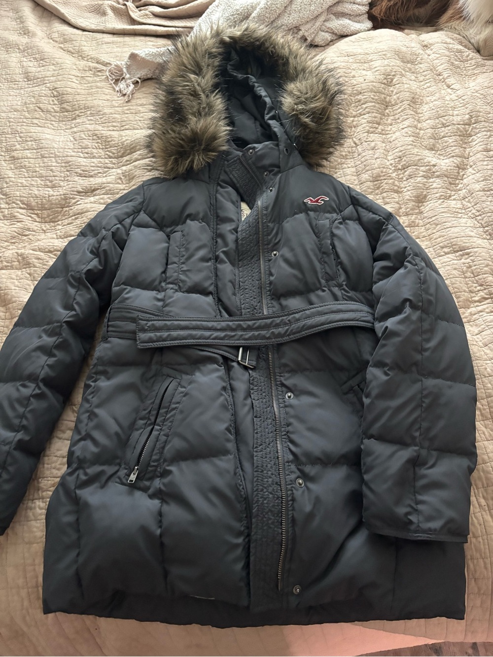 Hollister Black Quilted Puffer Coat with Faux Fur Hood